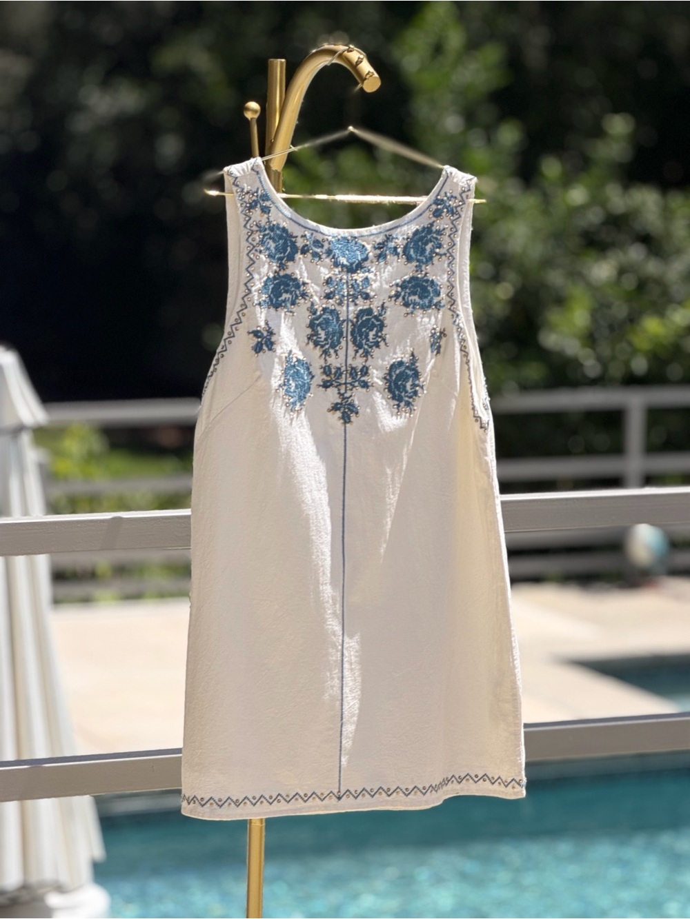 Free People White Dress with Blue Embroidered Detail